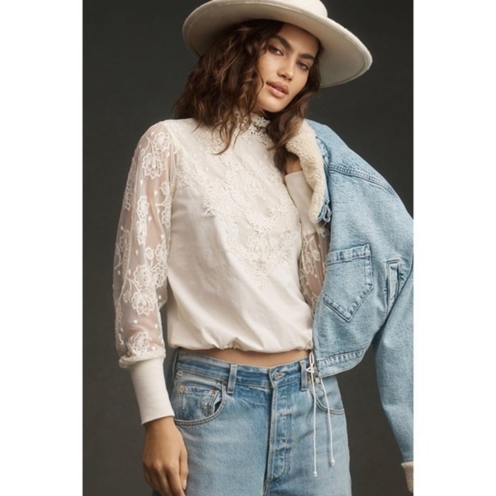 NWT Anthropologie Tiny Oriana Long-Sleeve Lace Top in Ivory